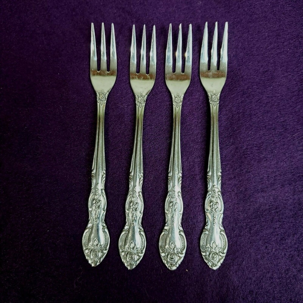 4 Imperial International Stainless Steel Seafood Forks 18CR Floral Scrolls 5.75"